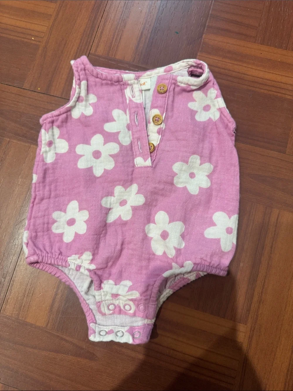 Pink Floral Baby Romper with Wooden Buttons